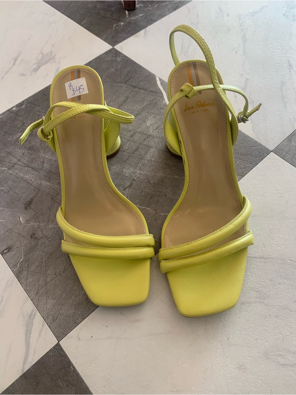 BCBG Neon Yellow Square Toe Strappy Block Heels